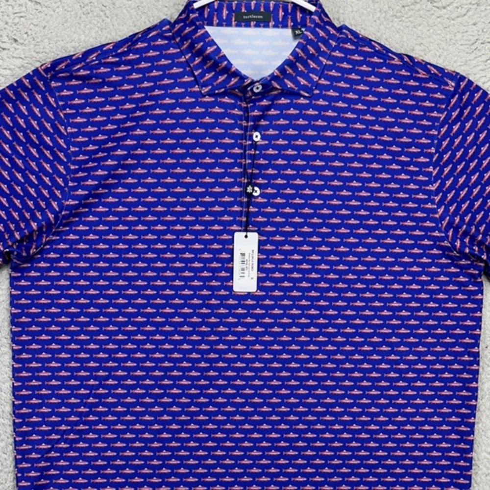 Turtleson Men Drake Performance Polo Shirt XL Blue Red Fish Print Golf Rugby NEW